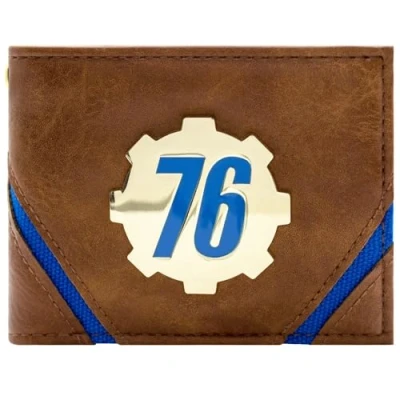 Abbildung von Fallout 76 Golden Vault Tec Metallabzeichen Zahnrademblem Geldbörse/Geldbeutel Bi Fold ID &amp; Kartenhalter, Braun