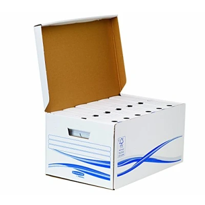 Abbildung von BANKERS BOX Set aus 1 Klappdeckelbox Maxi mit 6 Stück A4/A4+ Archivschachtel 8cm Rückenbreite, Basic Serie, recyceltem Karton, 100% recycelbar, Farbe: weiß/blau