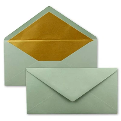 Abbildung von 25 Brief Umschläge DIN Lang Eukalyptus (Grün) mit Gold Metallic Innen Futter 110 x 220 mm Nassklebung festliche Kuverts für Weihnachten