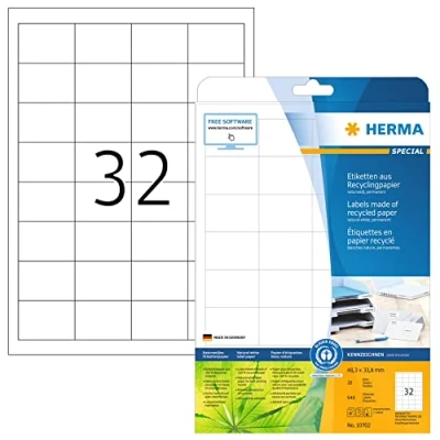 Abbildung von HERMA 10702 Recycling Etiketten, 20 Blatt, 48,3 x 33,8 mm, 32 pro A4 Bogen, 640 Stück, selbstklebend, bedruckbar, matt, blanko Papier Klebeetiketten Aufkleber, natur weiß