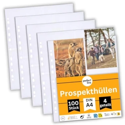 Abbildung von perfect line 100 Sammelhüllen DIN A4, 4 geteilt, Fotohüllen transparent, Prospekthüllen Glasklar, Extra Stark, dokumentenecht