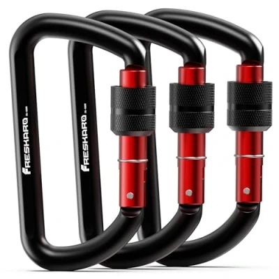 Abbildung von FresKaro Karabinerhaken Schwarz, Karabina Schraubverschluss, Carabiner Schlüsselanhänger, Schraubkarabiner, Schloss, 12kN 1224kg, Aluminium, Ultraleicht, Belastbar, für Schlüssel, Hundeleine, 3 Stück