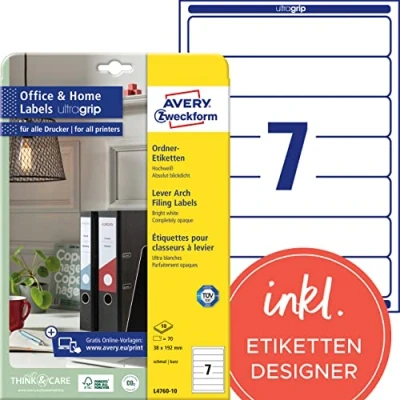 Abbildung von AVERY Zweckform L4760 10 Ordnerrücken Etiketten (70 Rückenschilder mit ultragrip, 38x192mm auf A4, schmal/kurz, selbstklebend, absolut blickdicht, bedruckbare Ordneretiketten) Blatt, weiß