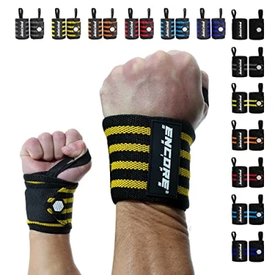 Abbildung von Encore Grips® Handgelenk Bandagen für Bodybuilding, Kraftsport, Crossfit, krafttraining Bandage, Handgelenkbandage Fitness, Handgelenkstütze, Handgelenkschoner, Wrist Wraps (Schwarz Gelb V2)