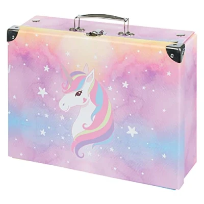 Abbildung von Baagl Kinderkoffer für Spielzeug und Schulbedarf, Pappkoffer, Spielzeugkoffer, Spielkoffer, Faltbarer Kinder Koffer, Faltkoffer, Klappkoffer mit Metalgriff (Rainbow Unicorn)