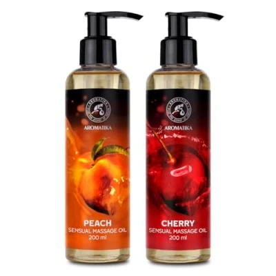 Abbildung von Sinnliches Massageöl Set 2x200ml Pfirsich &amp; Kirsche Körperöl mit Mandelöl Traubenkernöl und Macadamiaöl Essbar Natürlich Kissable Massage Öl für Paare