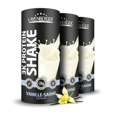 Abbildung von Layenberger 3K Protein Shake 79% Eiweiß und nur 4,1% Kohlenhydrate bei 7,2 g Zucker, (3x 360 g) Vanille Sahne