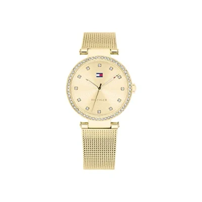 Abbildung von Tommy Hilfiger Analog Quarzuhr für Damen mit Gelbgoldfarbenes Edelstahl Mesh Gliederarmband 1782507