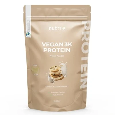 Abbildung von Nutri + Eiweißpulver Vegan Cookies &amp; Cream 1 kg 79% Eiweiß 3k Protein Powder Veganes Proteinpulver Proteinisolat Pulver mit Keks Geschmack