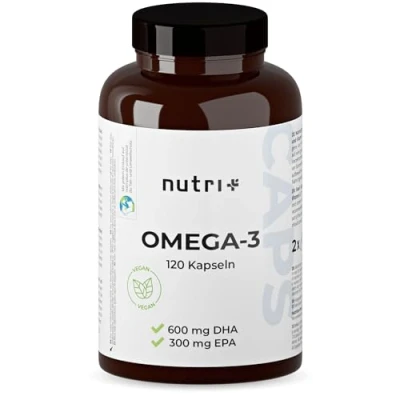 Abbildung von Nutri + Vegan Omega 3 120 Kapseln aus Algenöl 2000 mg Algen Öl hochdosiert mit 600 DHA 300 EPA hochwertig, natürlich und laborgeprüft