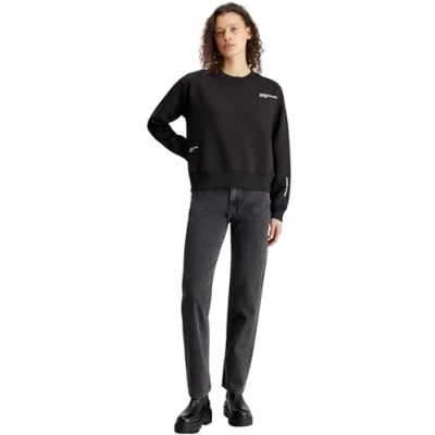 Abbildung von Calvin Klein Jeans Damen Sweatshirt Multi Placement Crew Neck ohne Kapuze, Schwarz (Ck Black), L