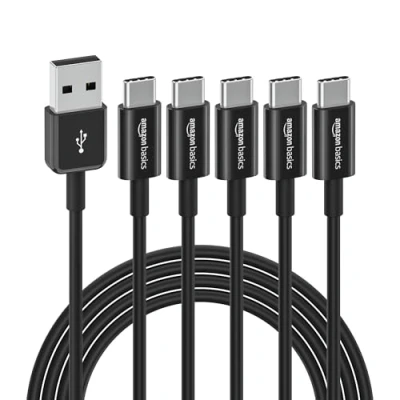 Abbildung von Amazon Basics Schnellladekabel, USB C auf A 2.0, 5 Stück, 480 MBit/s, IF zertifiziert, für Apple iPhone 15, iPad, Samsung Galaxy, Tablets, Laptops, 1,80 m, schwarz