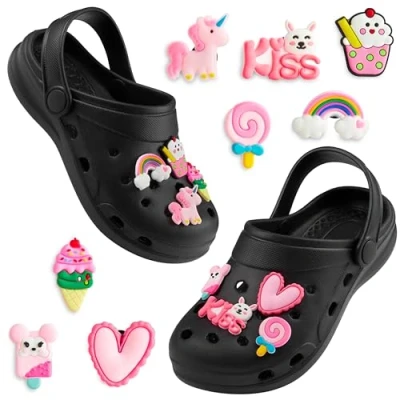 Abbildung von CityComfort Clogs Kinder, Gartenschuhe Badeschuhe Jungen mit abnehmbaren Anhängern (Schwarz/Rosa, 28/29 EU)