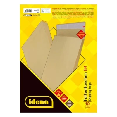 Abbildung von Idena 11093 Versandtaschen DIN B4, 10 Stück haftklebend, Faltentaschen mit 4 cm Bodenfalte, Umschläge ohne Fenster, aus 140 g/m² FSC Recycled Papier in Braun