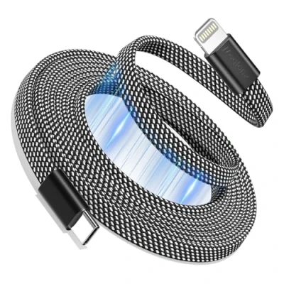 Abbildung von Magtame Magnetic USB C to Lightning Kabel für Phone 1M, Coiled Ladegerät Schnellladung MFi zertifiziert, flaches einziehbares geflochten Kompatibel mit 14 13 12 11 Pro Max XR XS X