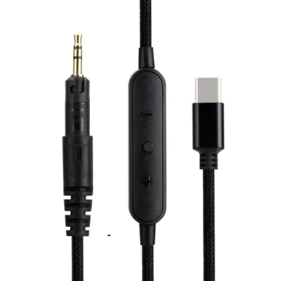 Abbildung von ATH M40X M50X M70X Ersatz Audiokabel, kompatibel mit Audio Technica Kopfhörern, Typ C auf 2,5 mm Stereo Klinkenstecker, 1,5 Meter, Inline Mikrofon/Fernbedienung, Schwarz