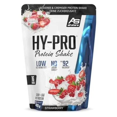 Abbildung von ALL STARS Hy Pro Proteinpulver Cremiger Protein Shake mit 4 hochwertigen Proteinkomponenten premium Pulver ca. 20 g Eiweiß/Portion 400g (Erdbeere)