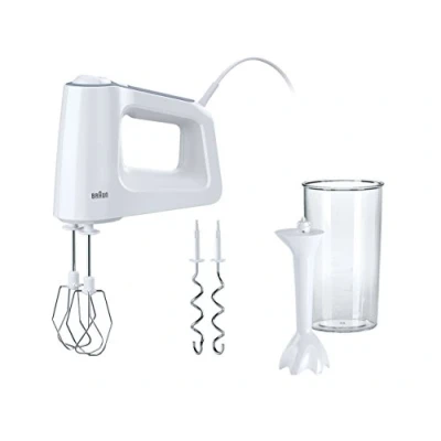 Abbildung von Braun MultiMix 3 HM 3105 Handmixer Handrührgerät mit 5 Geschwindigkeitsstufen &amp; Turbo Funktion, inkl. Schneebesen, Knethaken, Pürierstab und 600 ml Mix Messbecher, 500 Watt, weiß