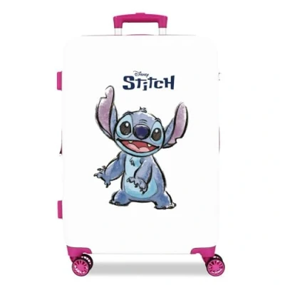 Abbildung von Disney Adorable Stitch mittelgroßer Koffer, Weiß, 46 x 65 23 cm, starres ABS, seitliches Zahlenschloss, 56 l, 3 kg, 4 Doppelräder
