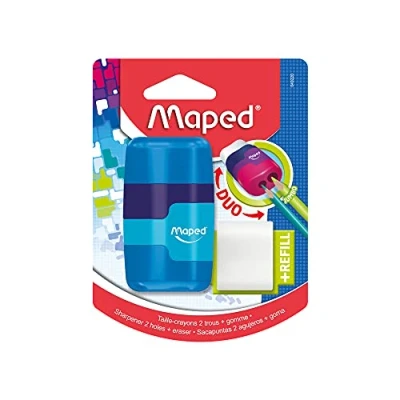 Abbildung von Maped 2in1 Radier/ Anspitzer CONNECT, 2 Loch für dicke und dünne Stifte, nachfüllbar, inkl. Ersatz Radierer grün, blau, pink zufällige Farbauswahl