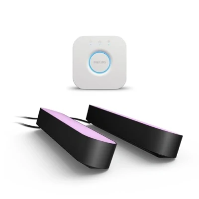 Abbildung von Philips Hue White &amp; Color Ambiance Play Lightbar 2er Pack inkl. Bridge Starter Set (500 lm), dimmbare LED mit 16 Mio. Farben, smarte Lichtsteuerung über Sprache oder App, schwarz