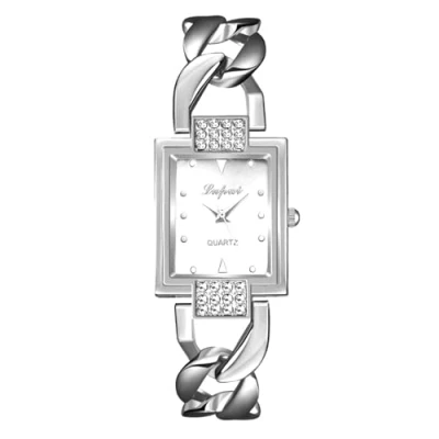 Abbildung von JewelryWe Damenuhr Glitzer Rechteckig Uhr: Damen Elegant Strass Analog Quarz Armbanduhr Frauen Silber Panzerkette Metallarmband Lässige Uhren mit Eckigem Zifferblatt
