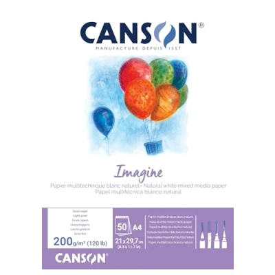 Abbildung von CANSON Imagine, Mixed Media Papier, leichte Körnung, 200 g/m², an der kurzen Seite geleimter Block, DIN A4, 21 x 29,7 cm, Naturweiß, 50 Blatt