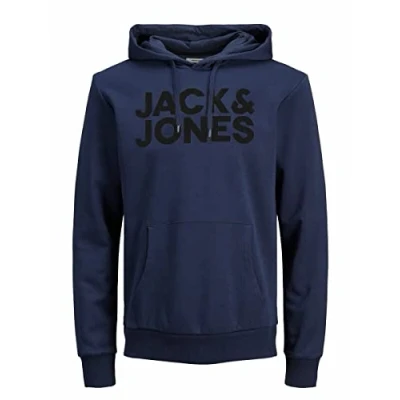 Abbildung von JACK &amp; JONES Herren JJECORP Logo Sweat Hood, Navy Blazer/Large Print/W Bla, XL