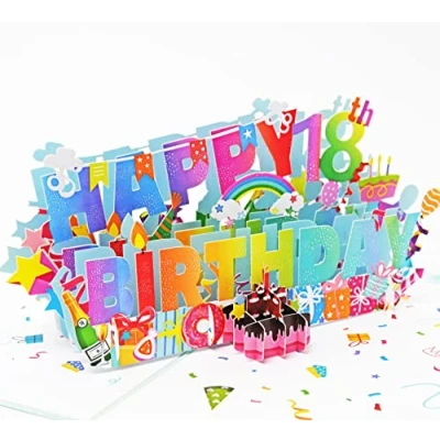 Abbildung von Favour Pop Up® 3D Glückwunschkarte zum runden 18. Geburtstag. Ein filigranes Kunstwerk, eine erfrischende Überraschung, perfekt für Gutschein oder Geldgeschenk. TH018