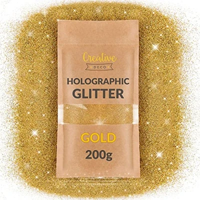 Abbildung von Creative Deco 200g Gold Holographischer Glitzerpulver Für Wandfarbe 0,2mm Glitzer Pulver Wand Farbzusätze Nagel Lack &amp; Epoxid Harz Zusatz Kunst Handwerk Schleim DIY