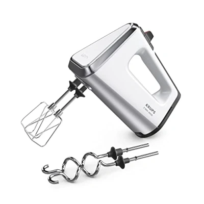 Abbildung von Krups GN9101 3 Mix 9000 Handmixer 750 Watt leistungsstark Geschwindigkeitsregler Turbomodus Pulsfunktion ergonomischer Griff langes Kabel inkl. Schneebesen und Knethaken Weiß/Silber