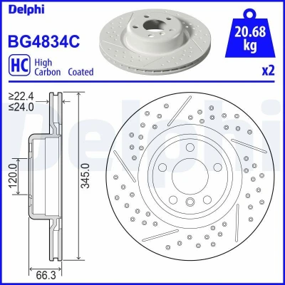 Abbildung von DELPHI BG4834C Bremsscheibe 345 24 5 Belüftet beschichtet hochgekohlt ohne Radlager, ABS Sensorring BMW: 2 Coupe, 3 Saloon, Touring