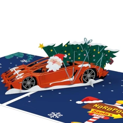 Abbildung von LIMAH® Pop Up Karte Weihnachten Nikolaus im Sportauto lustige 3D Weihnachtskarte mit Santa Rennauto und einem Weihnachtsbaum Geldgeschenk oder Gutschein für Autoliebhaber Kinder