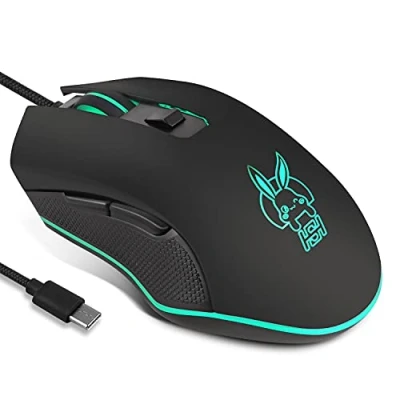 Abbildung von IULONEE Kabelgebundene Gaming Maus USB C geräuscharmes Klicken 7 Farben Hintergrundbeleuchtung optische Typ mit 2400 DPI und 6 Tasten für PC Computer Laptop Desktop Mac Schwarz