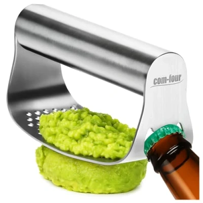 Abbildung von COM FOUR® Knoblauchpresse Set mit Silikonschäler und Reinigungspinsel Knoblauch Walze rostfreier Knoblauchschneider (Edelstahl Walze)