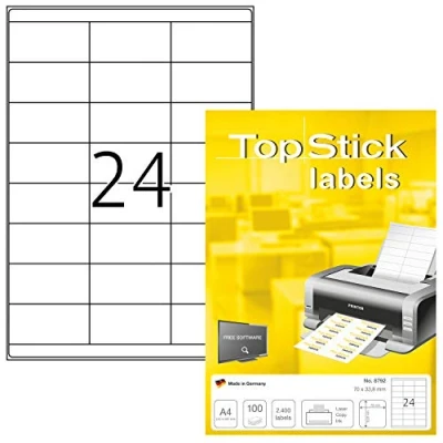 Abbildung von TopStick 8792 Universal Etiketten, 100 Blatt, 70 x 33,8 mm, 24 pro A4 Bogen, 2400 Stück, selbstklebend, bedruckbar, matt, blanko Papier Klebeetiketten Aufkleber, weiß