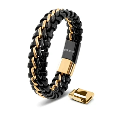 Abbildung von SERASAR Armband Jungen 17cm Schwarz Gold Männer Leder Armreif Herrenarmreif Armschmuck Schmuck Herrenschmuck Armkette Flecht Wickelarmband Armbändchen Men Leather Bracelet