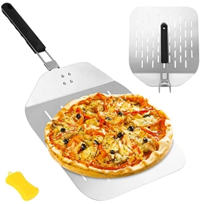 Abbildung von Pizzaschieber Edelstahl Perforiert, Pizzaschaufel für den Grill Oder Ofe Pizzastein mit Praktischen Einklapp Griff,Stabileres Profi Heimgebrauch Pizza Schaufel zum Einfachen Verstauen Große