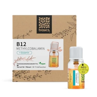 Abbildung von basics Vitamin B12 Methylcobalamin Monatskur, 30 x 10ml Fläschchen hochdosiertes &amp; Glutamin zur Verringerung von Müdigkeit und Erschöpfung