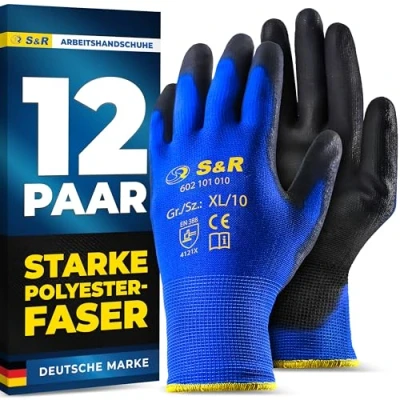 Abbildung von S&amp;R Schutzhandschuhen 12 Paar aus Polyesterfaser mit Polyurethanbeschichtung, Gr. XL/10, flexible, geprüfte Arbeitshandschuhe geeignet für den privaten und gewerblichen Gebrauch