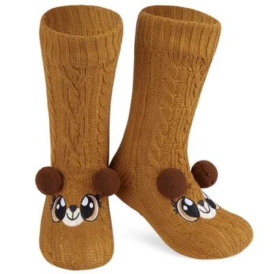 Abbildung von CityComfort Rutschfeste Socken Damen und Teenager in Gr. 37 41 Kuschelsocken Sherpa gefüttert mit Anti Rutsch Punkten (Braun Tragen)