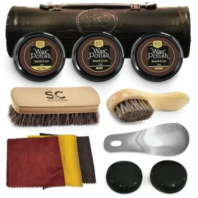 Abbildung von Stone &amp; Clark 12 teiliges Schuh Polier Pflege Kit, mit braunem Wachs, Schuhbürsten zum polieren, Poliertuch Schuhlöffel, kompaktes Schuhpflege Kit Polierbürste Kunstleder Tasche