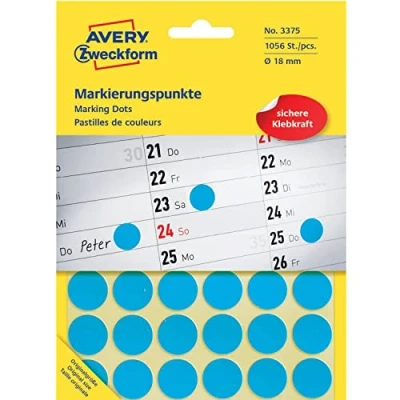 Abbildung von AVERY Zweckform 3375 selbstklebende Markierungspunkte (Ø 18 mm, 1.056 Klebepunkte auf 22 Bogen, runde Aufkleber für Kalender, Planer und zum Basteln, Papier, matt) blau