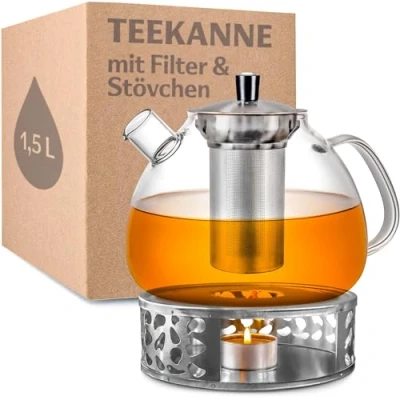 Abbildung von Cosumy Teekanne mit Sieb und Stövchen 1,5 Liter Hält lange warm Spülmaschinenfest Glas Teebereiter Groß