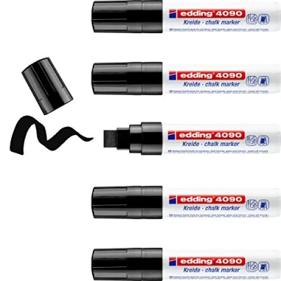 Abbildung von edding 4090 Kreidemarker schwarz 5 Kreidestifte Keilspitze 4 15 mm breiter Kreidestift für Tafel abwischbar zum Beschriften von Fenster, Glas, Spiegel Tafelstift mit deckenden Farben