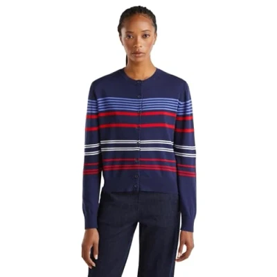 Abbildung von United Colors of Benetton OPEN Crewneck Regular FIT Striped WITH Links Stitch Where Change Strickjacke, Damen, Größe: Medium, Blue