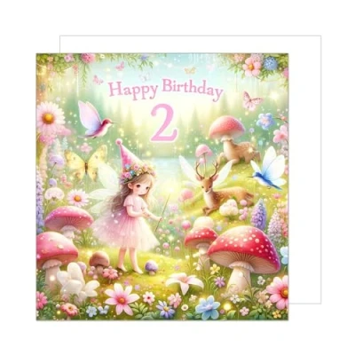 Abbildung von Edition Seidel Premium quadratische Geburtstagskarte zum 2. Geburtstag mit Umschlag. Glückwunschkarte Spruch Happy Birthday Billet Karte für Mädchen Junge Kind Fee Märchen (GQ257 SW024)