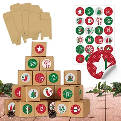Abbildung von Papierdrachen DIY Adventskalender 2024 zum Befüllen 24 Kisten Basteln Rot grün braune Schachteln aus 400g/m² Karton Aufstellen und Dekorieren Boxen Weihnachten