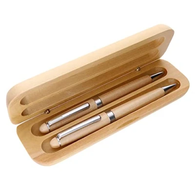 Abbildung von MPM Quality Holzkugelschreiber und Mikrobleistift in Bambus Box, umweltfreundlich, elegant, Holz/Metall Stift, Druckbleistift, Holzkiste, blaue Tinte