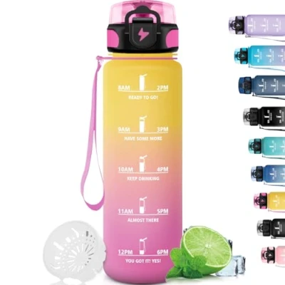 Abbildung von Grsta Trinkflasche 1L, Sport mit Filter, Auslaufsicher für Erwachsene, Zeitmarkierung, Motivational Trinkflasche, Fahrrad, Gym, Camping, Outdoor